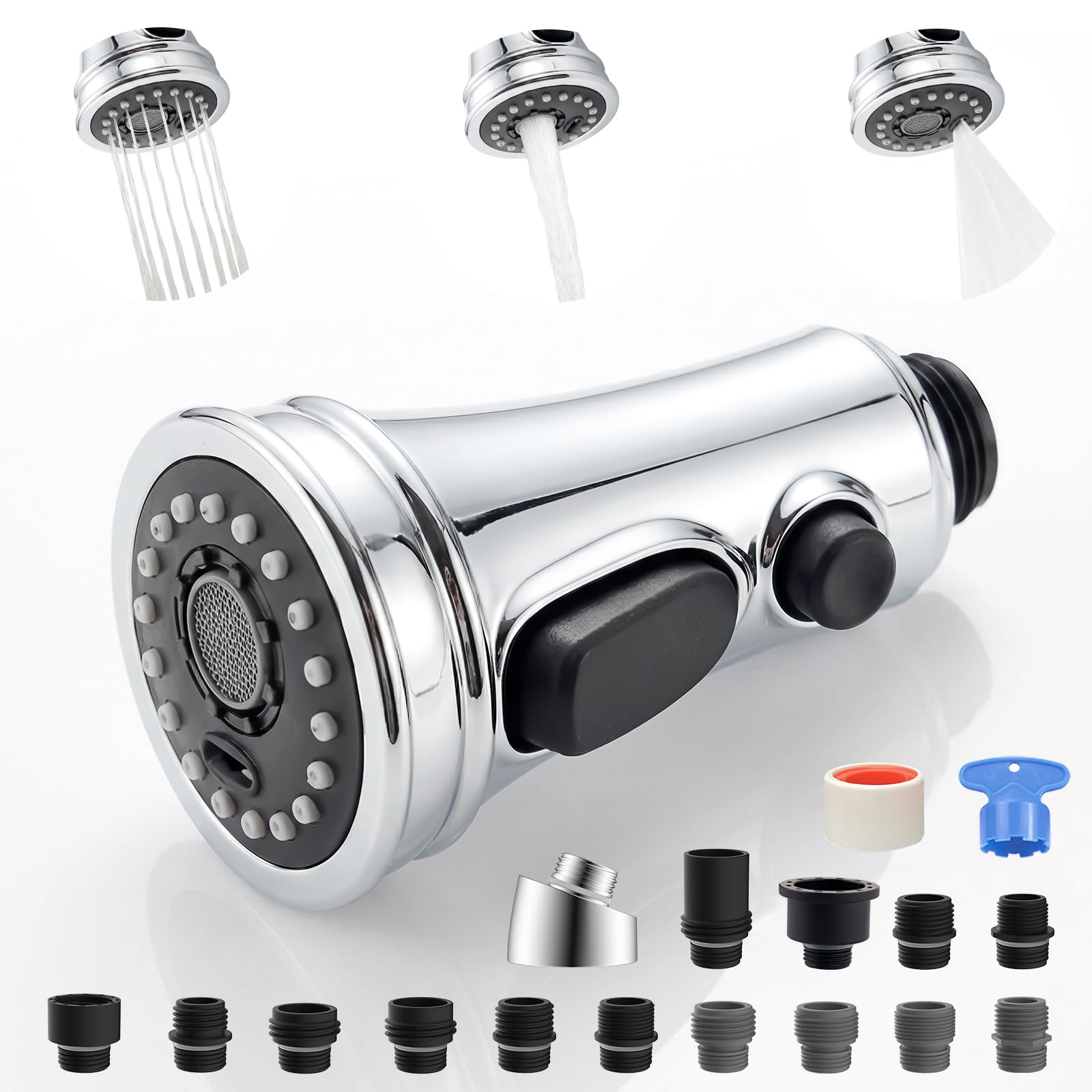Universal Kitchen Faucet Head Replacement 3-Mode, Extra 15 Adapters, Chrome