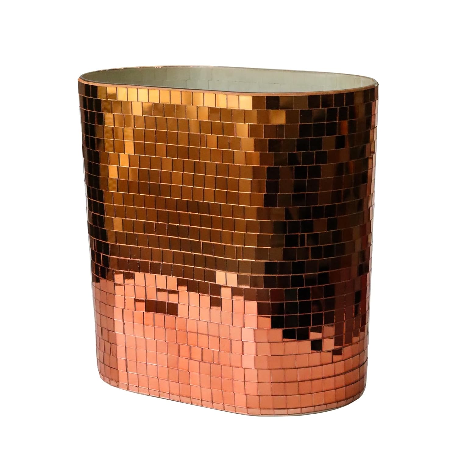 WDHODEC Rose Gold Mosaic Waste Basket (9.8" Tall) | Narrow Oval Decorative Trash Can for Bathroom Vanity & Toilet Side | Luxury Handcrafted Mirror Accent Dual-Use Flower Vase