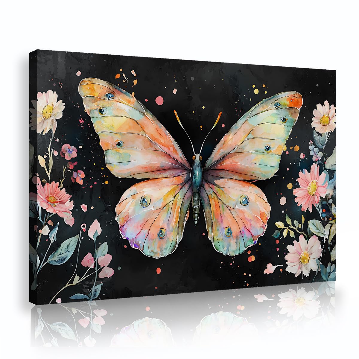 Via Vela Fbh11 Watercolor Butterfly Canvas Wall Art Colorful Wing Flower Meadow Painting Black Background Floral Picture Poster For Living Room Bedding Hotel Room Decor 70X105cm