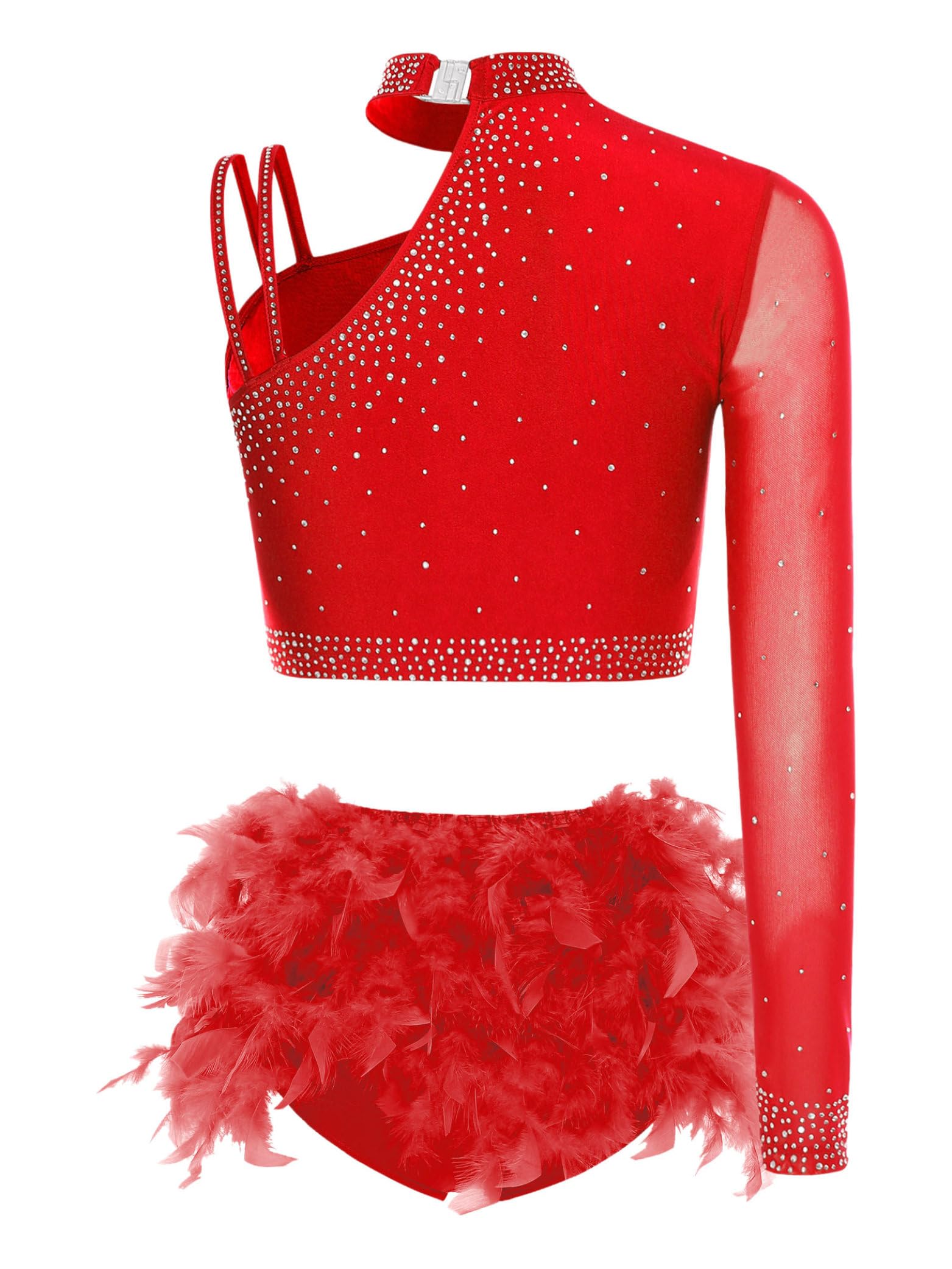 Femme Costume Gymnastique Patinage Strass Tenue Danse Latine Moderne Jazz Haut Court Danse Short avec Plumes