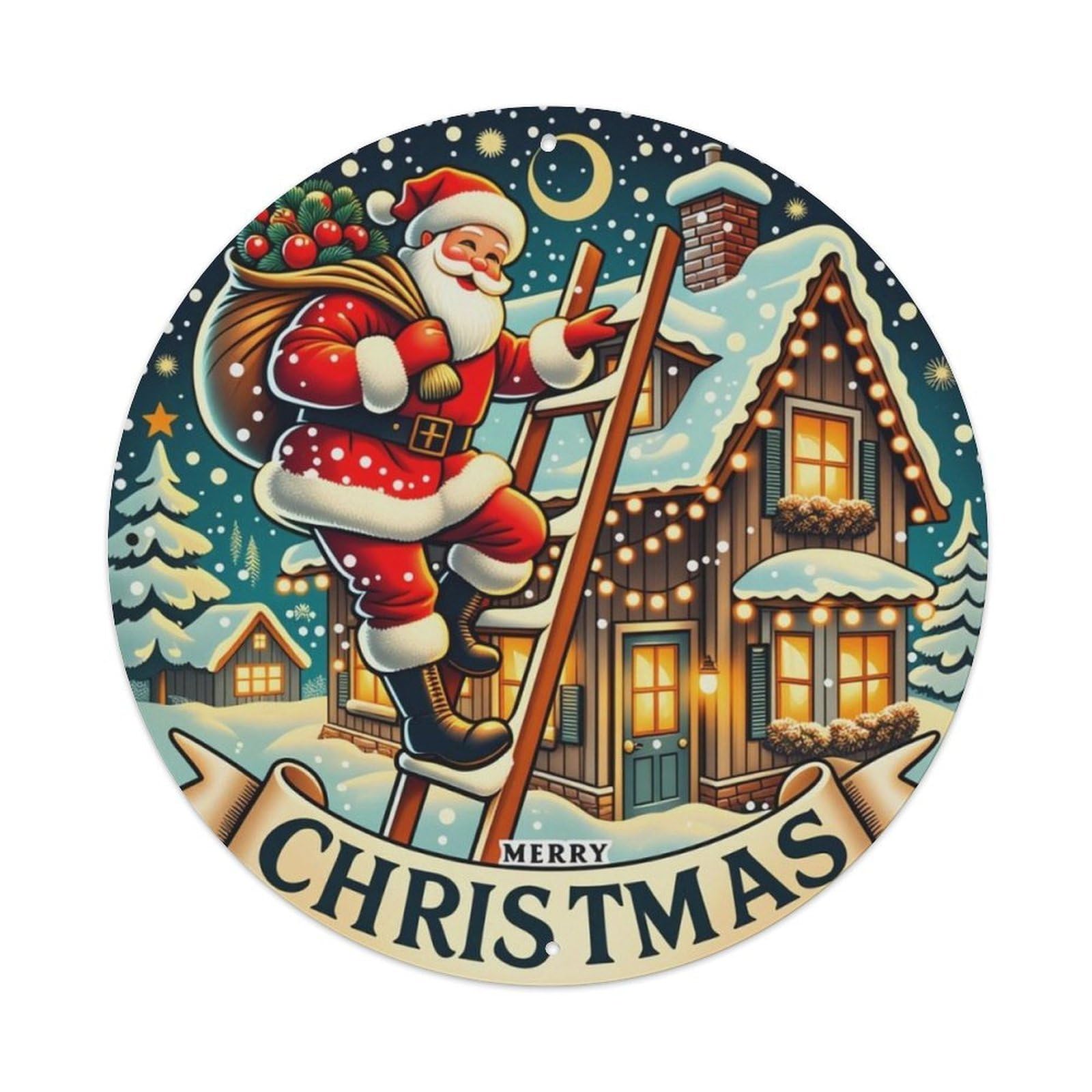 Santa Claus Climbing Ladder Christmas Round Decor Sign Vintage Aluminium Metal Sign, Retro Wall Decor for Home, Bar, Garage & Farmhouse 20x20cm