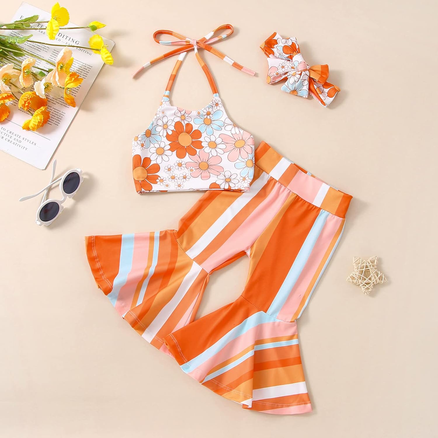 Toddler Baby Girl Boho Outfits Floral Sleeveless Halter Crop Top Bell Bottom Pants Summer Clothes Set - Image 2