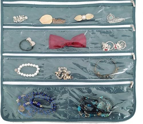 Miniatura 59 de BB Brotrade Organizador colgante de joyas, organizador de accesorios, organizador de 56 bolsillos para guardar joyas (Beige-56 bolsillos)