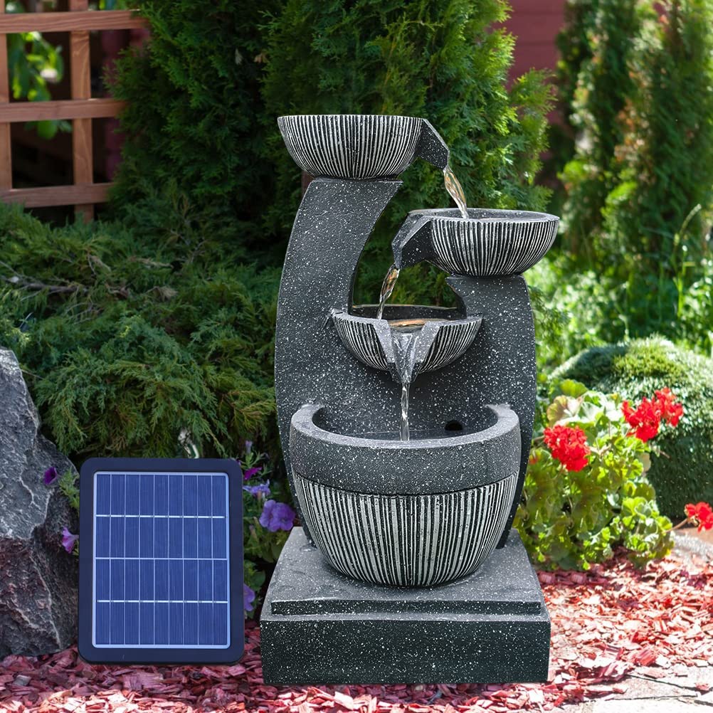 BTGGG Solarbrunnen für Draußen, 4-Stufiger Solar Springbrunnen für Außen, Solar Gartenbrunnen, Springbrunnen mit LED Beleuchtung, Zimmerbrunnen Wasserspiel Solar für Garten, Terrasse, Balkon Deko