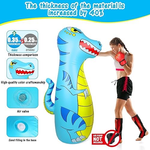 Miniatura 4 de EQARD Saco de boxeo para niños de 47 pulgadas inflable de dinosaurio con material 40% más grueso, rebote instantáneo con guantes de boxeo, karate,