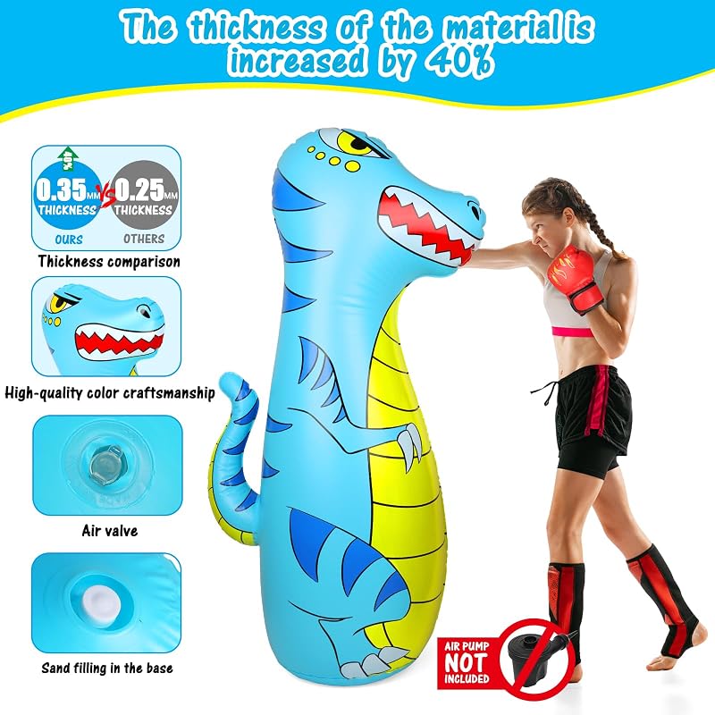 EQARD 120cm Felfújható Dinoszaurusz Boxzsák Gyerekeknek 3-9 Éves Korig, Boxkesztyűvel, Vastag PVC Anyagból, Karate, MMA, Taekwondo Edzéshez