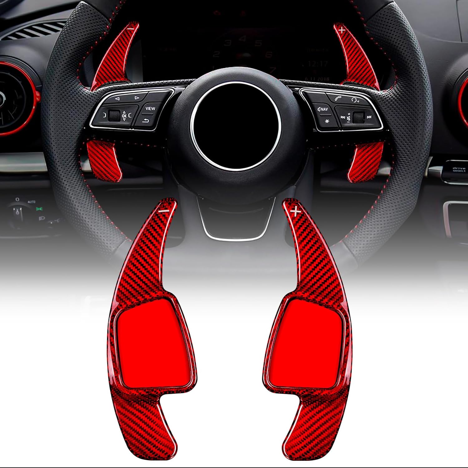 Real Carbon Fiber Steering Wheel Paddle Shifter Extension Fits for Audi A4 S4 2017-2019 A3 S3 Q7 2020-2024 A5 S5 Q5 SQ5 2023 Q3 Q8 2019-2024 SQ7 SQ8 2021-2024 Heated Steering Wheel Accessrios RED
