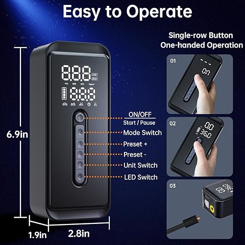 Miniatura 3 de Yeaban Inflador de neumáticos, compresor de aire portátil, 4 veces más rápido, 150 PSI, batería recargable y fuente de alimentación dual de 12 V CC,