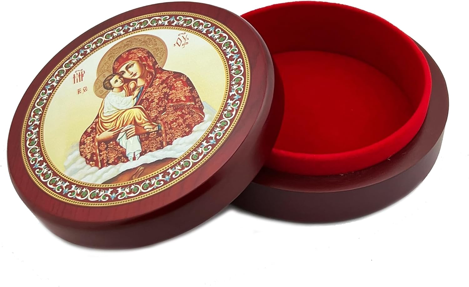 Needzo Virgin Mary Rosary Box Prayer Bead Jewelry Wooden Keepsake Icon Box, Madonna and Child Religious Gift 5 Inch