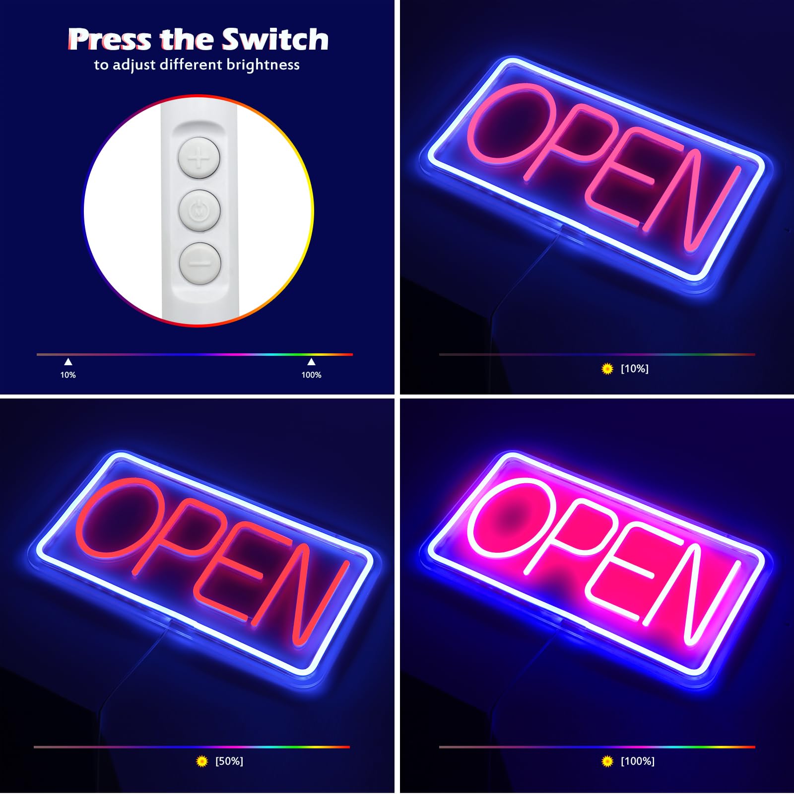OPEN Letreros LED de Neón, 42 x 22 cm, Letreros Abiertos Iluminados, Tablero de Publicidad, Letrero Eléctrico Alimentado por USB, Ajustable, Brillante, Para Tiendas, Ventanas Horizontal