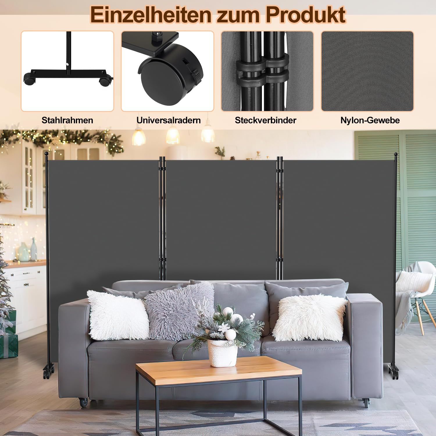 Paravent auf Rollen, flexibel 3 Teilig Privatschutz,263x181cm verstellbar Sichtschutz Stellwand Sichtschutz Windschutz, Raumtrenner für Garten, Badmöbel, Büros, Anthrazit