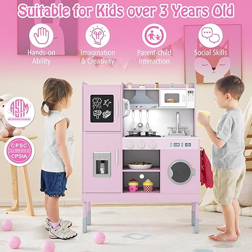 Miniatura 7 de HONEY JOY Juego de cocina para niños, cocina de madera para niños pequeños, microondas, utensilios de cocina, lavadora, campana extractora, juego de