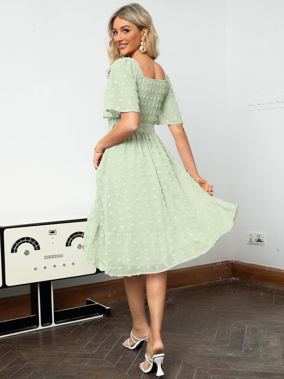 Amegoya Women's Boho Flowy Long Sleeve Square Neck Floral Midi Dress Smocked Spring Fall Wedding Guest Dresses