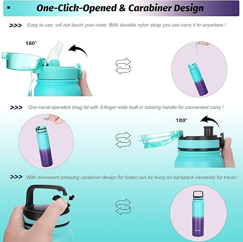 Miniatura 3 de OLDLEY Botella de agua aislada con pajilla, botellas de agua de acero inoxidable de 32 onzas con 3 tapas, aislamiento al vacío de doble pared