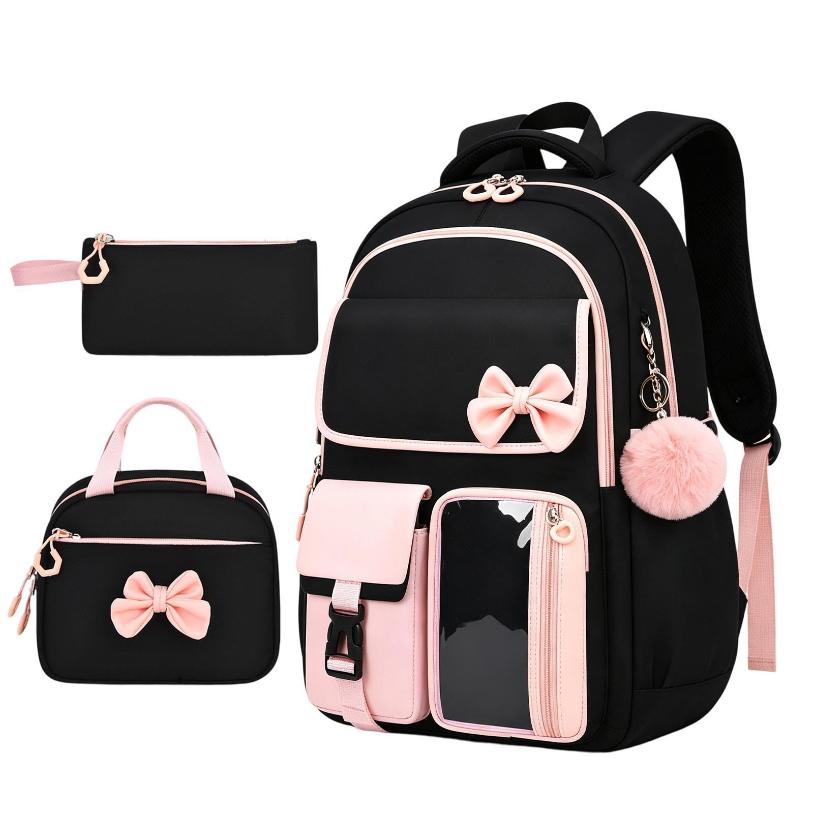 Mädchen Schulrucksack Mit Brotdose 3-Teiliges Set Mit Schleife Großem | Schüler Reisetasche Für Schüler Schulbücher Schreibwaren Lunch Geldbörse Kleidung