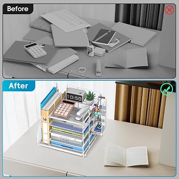 SUPEASY Desk Organiser with File Holder, 5-Tier Paper Letter Tray Organiser with Pen Holders, Large Desktop Storage for Office Supplies(white)