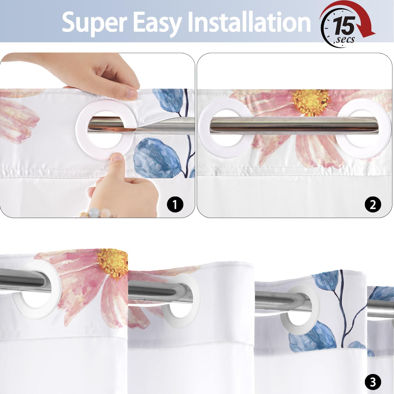 No Hook Shower Curtain and Liner Set, Watercolor Blue Beige Floral Shower Curtains for Bathroom, Modern Hotel Bathroom Curtain Sets with Snap in Liner, 71x84 Inches