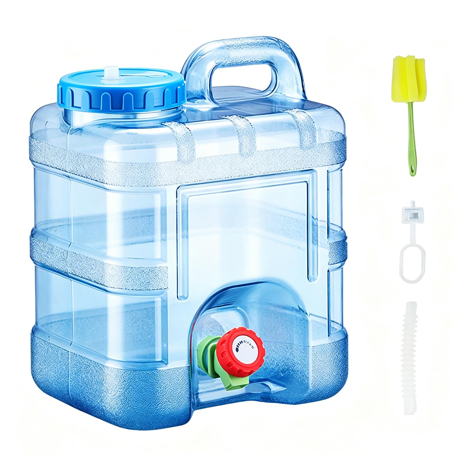 Tanica dell'acqua da 10 l con rubinetto e accessori, serbatoio dell'acqua da campeggio in materiale PC, senza BPA, maniglie per il trasporto, con tubo, spazzola, coperchio, ideale per viaggi