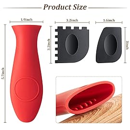 Patelai 7 Pieces Cast Iron Cleaner Set Include Stainless Steel Chainmail Scrubber with Bamboo Dish Scrub Brush Hot Handle Holder 2 Pan Grill Scrapers Kitchen Towel Wall Hook (Bright Color)