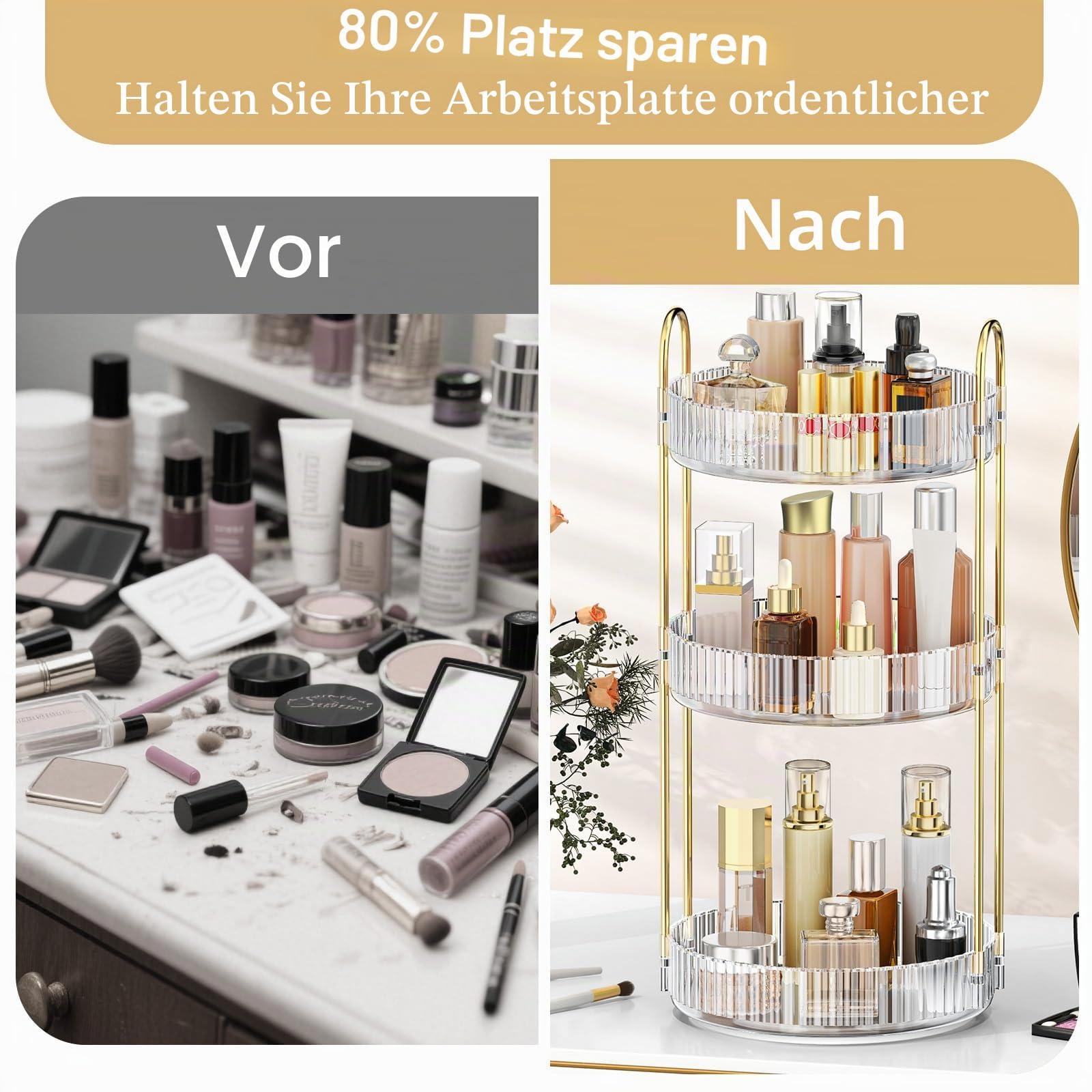 MOKANI Make Up Kosmetik Organizer, 360° Dreh Schmink Organizer, 3 Ebenen, Multifunctional Makeup Skincare Aufbewahrungssystem für Schminktisch, Badezimmer, Schlafzimmer, Transparent