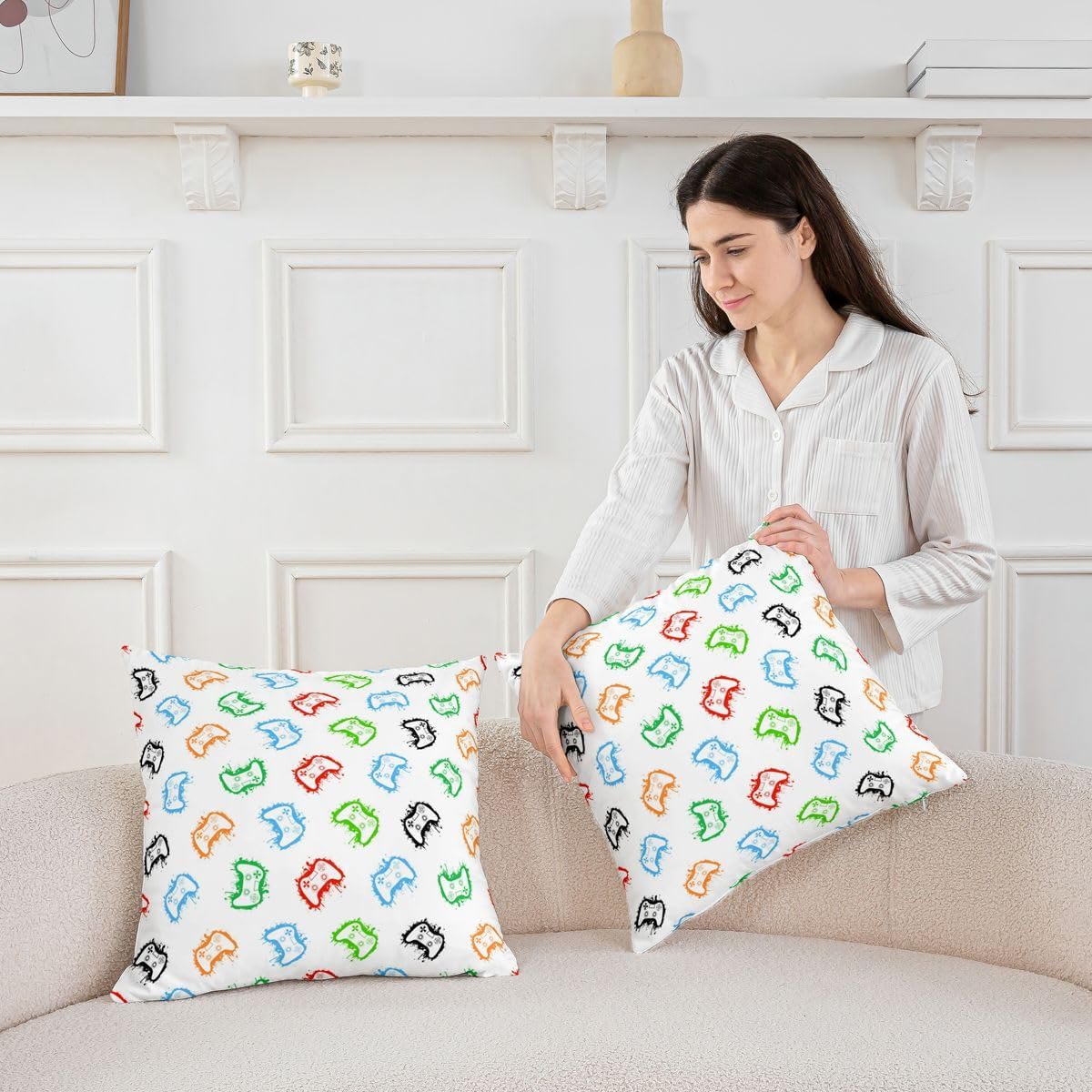Castle Fairy Gaming Pillow Cover,Colorful Graffiti Double Sides Print Pillowcase Soft Square 18"x18" Cushion Case,Modern Gamepad Throw Pillow Cover Pack of 4 for Decoration image 2