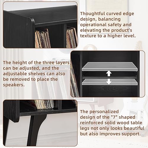 Miniatura 5 de Lerliuo Record Player Stand with 4 Cabinet Holds Up to 220 Albums, Large Turntable Stand with Beech Wood Legs, Mid-Century Record Player Table,Black