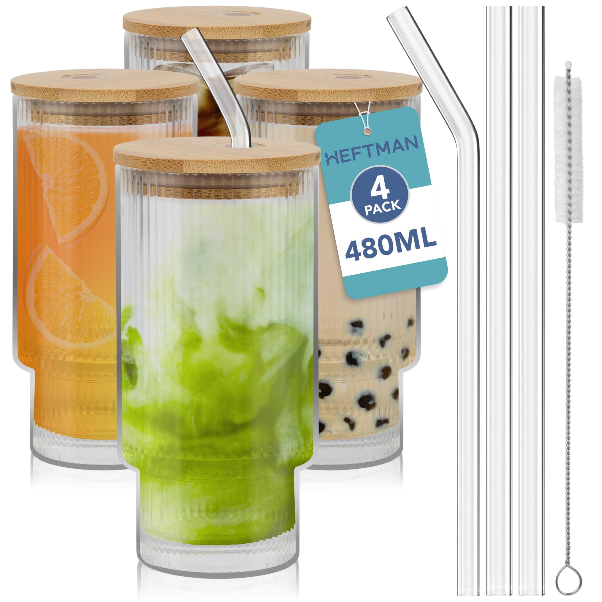 Set 2 Bicchieri A Coste In Vetro - 530ml, Con Cannucce E Spazzola, Stile Retrò - Foto 9