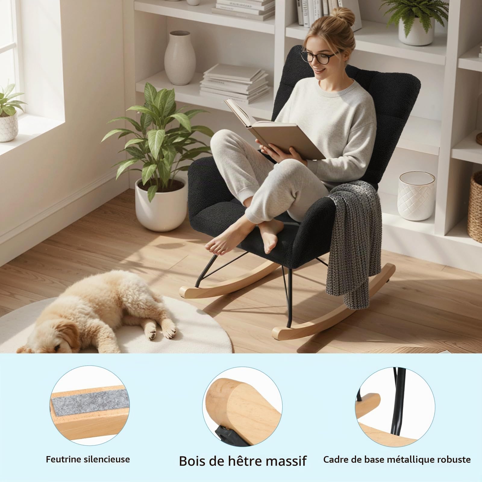 Clevich Fauteuil à Bascule Allaitement Scandinave, Rocking Chair Confortable avec Velours Teddy, Pieds en Bois et Métal, pour Salon, Chambre d'enfants, Chambre, Jusqu'à 136kg, Noir