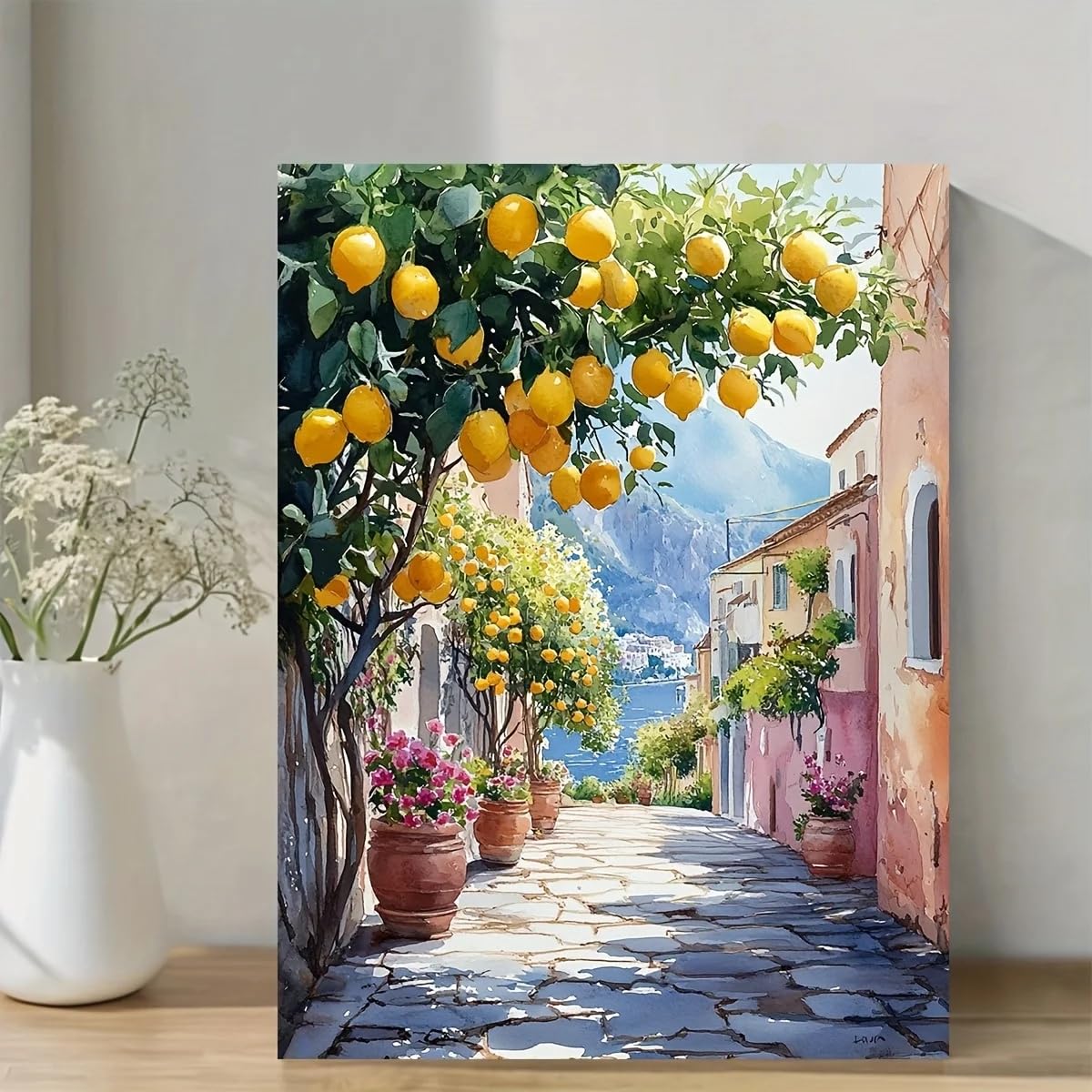 Lienzos impresos para pared con pintura de acuarela costera con limonero y paisaje urbano costero (70x100 cm/marco interno)