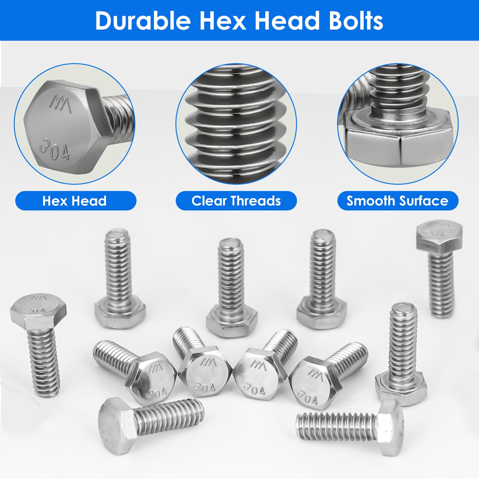 4 PCS M10-1.5x55mm 304 Stainless Steel Hex Head Machine Bolts, Grade A2-70, Fully Threaded