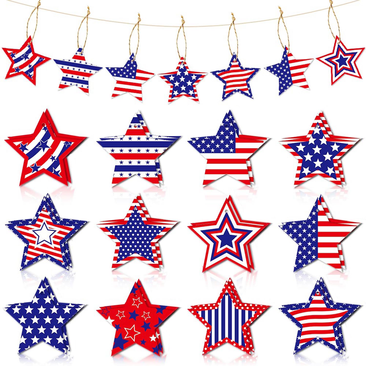 24Pcs 4th of July Tree Decorations American Flag Star Hanging Ornaments Red White and Blue Decorations Independence Day Party Supplies Patriotic