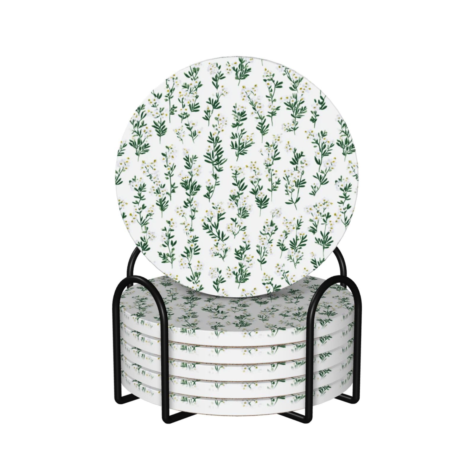 Tiny Spring Flowers and Greeneery Ceramic Coasters with Holder 6ps