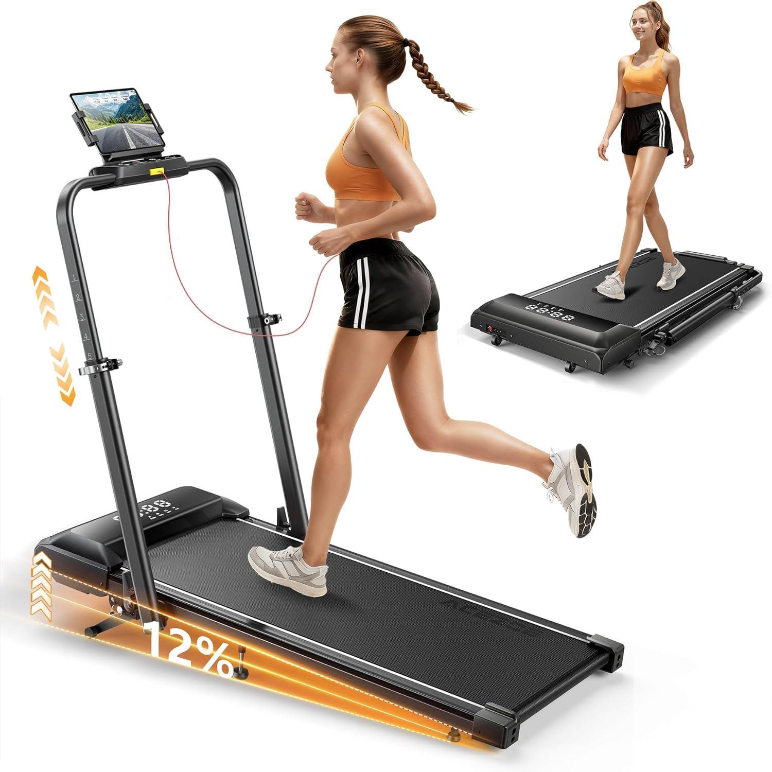 laufband für zuhause mit Neigung, 5 IN 1 Walking Pad mit 12% Steigung, 2.5HP Klappbar Laufband für Zuhause & Büro,2-LED-Anzeige,Bis 136kg Belastbar,Keine Installation