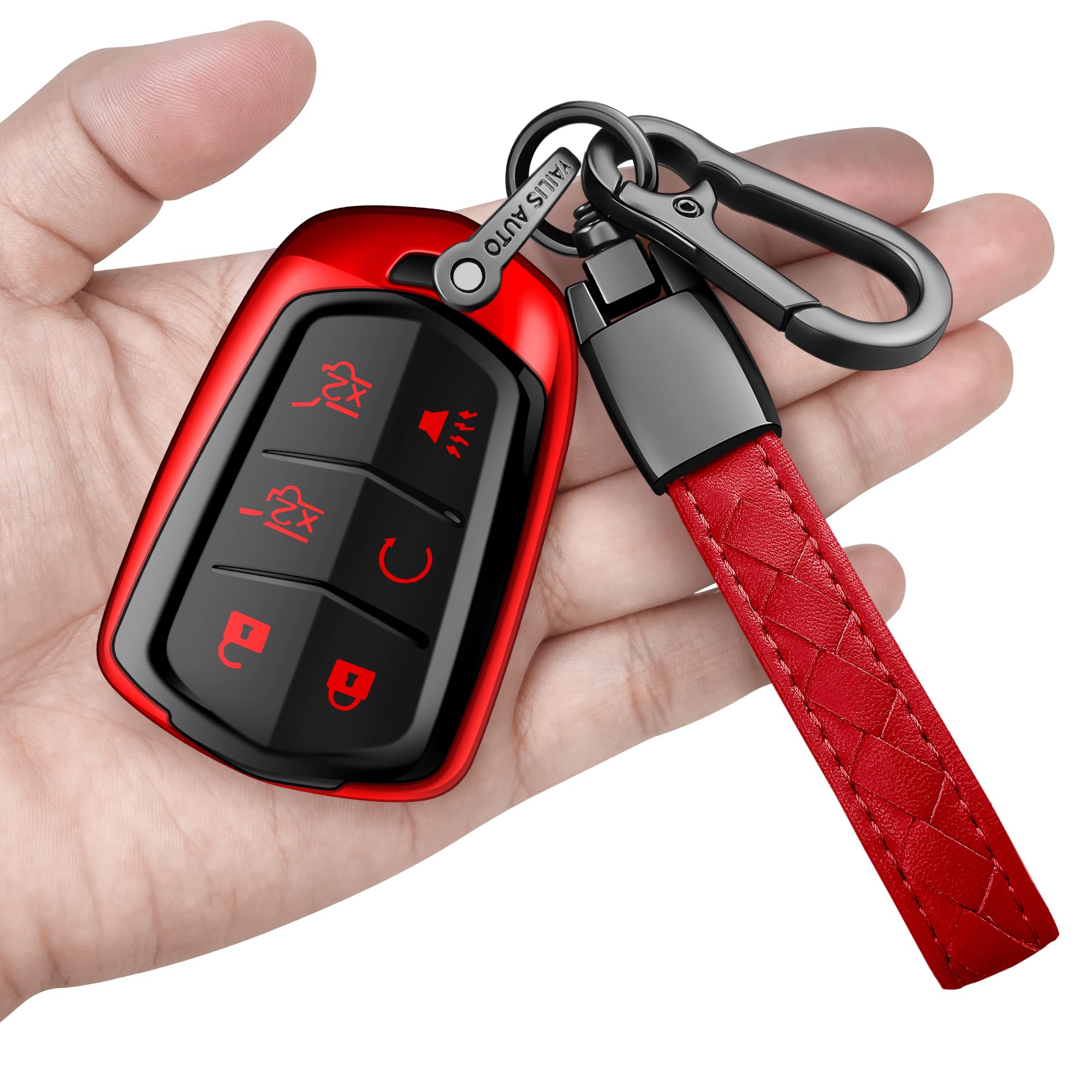 Sindeda for Cadillac Key Fob Cover with Keychain Soft Full Protection Key Shell Key Case Compatible with 2015-2019 Escalade, CTS, SRX, XT5, ATS, STS, and CT6 Smart Key (Red, 6 Buttons)