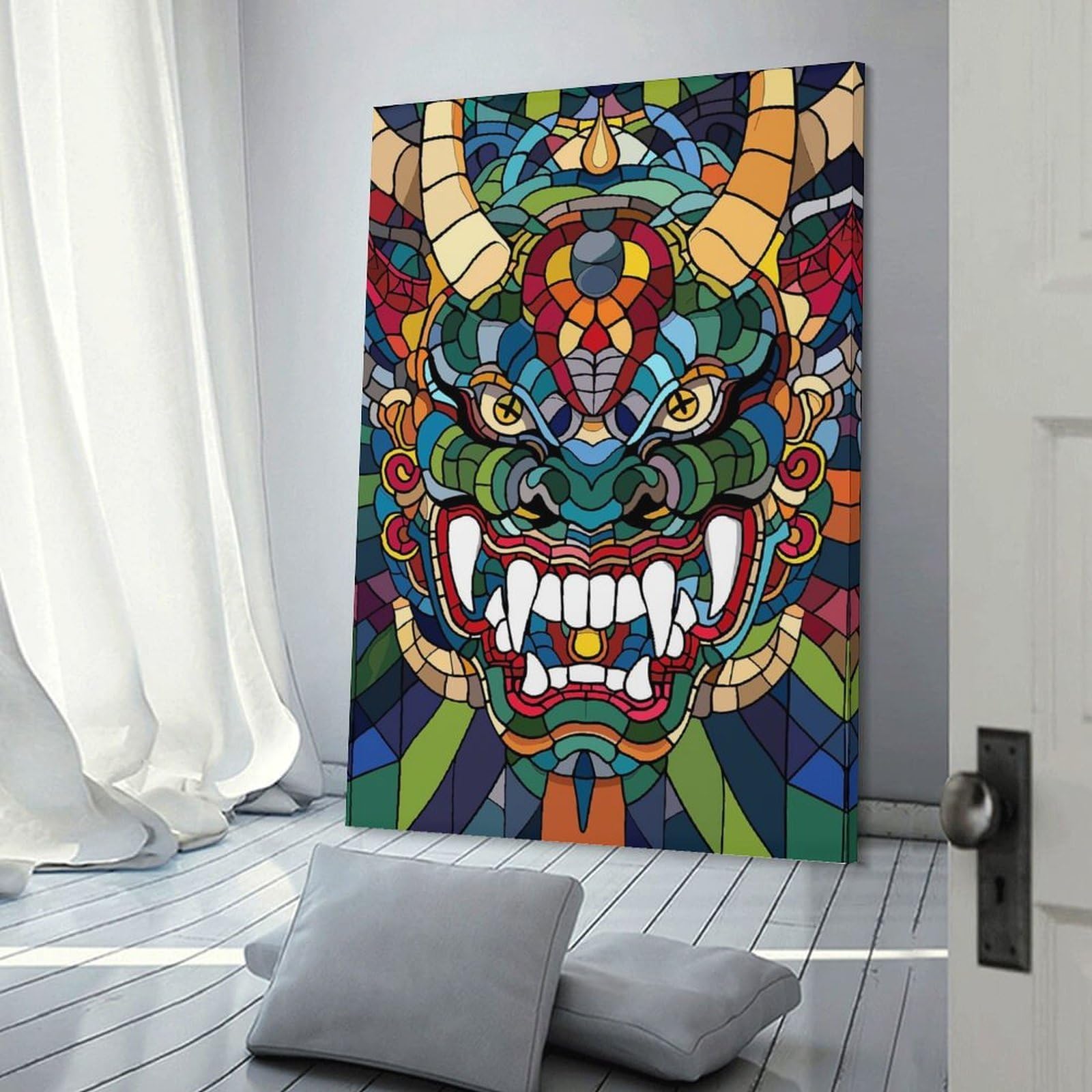 Junmoney Stained Glass Dragon Mask Hanging Wall Art 08x12inch(20x30cm), for Restful Interiors, Bedrooms Or Small Rooms, Home Artwork with A Soft Interior Feel