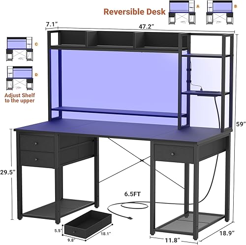 Miniatura 2 de Aheaplus Escritorio con LED y tomacorrientes, escritorio para juegos con gabinete, escritorio de computadora de 47.2 pulgadas con cajones,