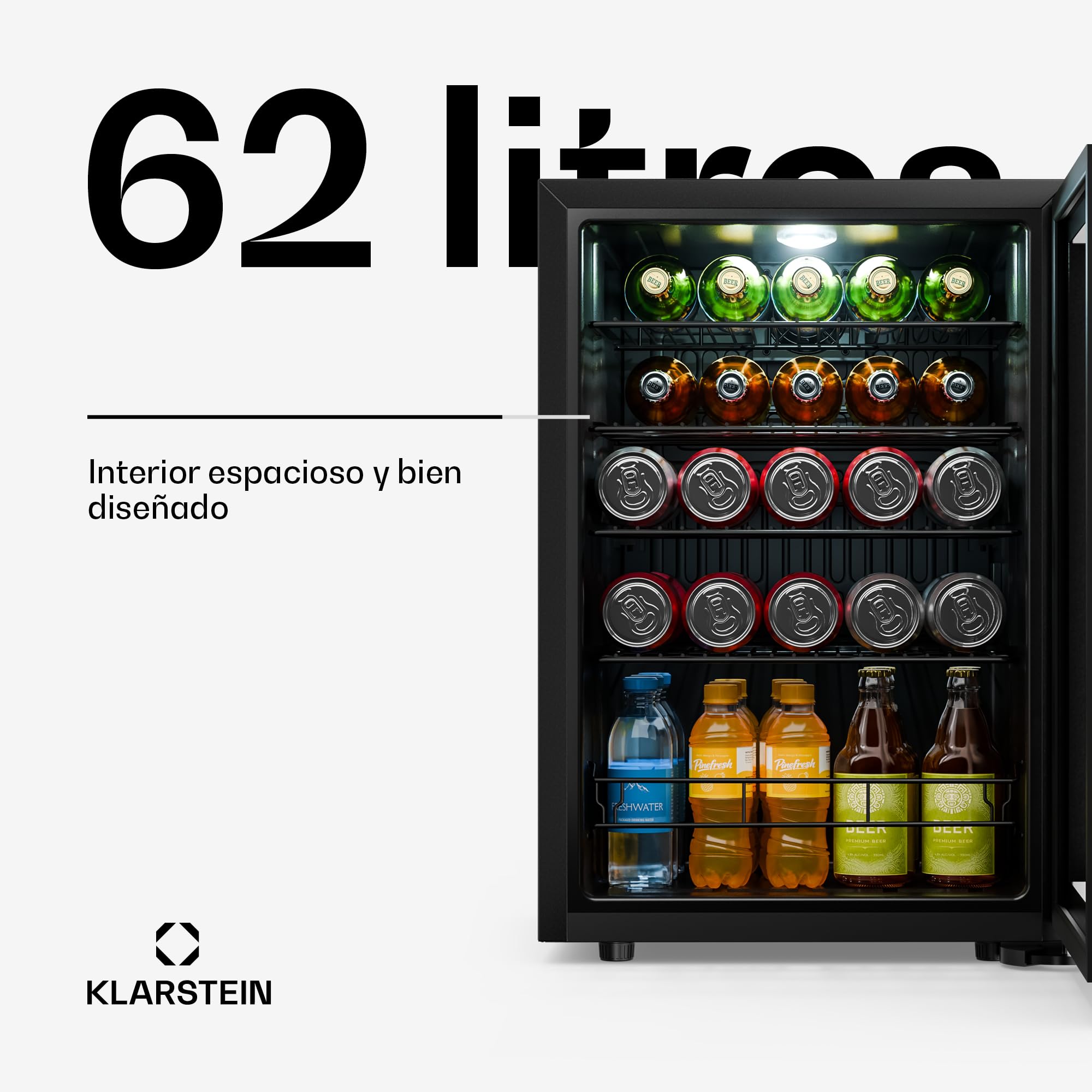 KLARSTEIN Nevera para bebidas Bevora 62 L – Nevera para bebidas con puerta de cristal, control táctil, iluminación LED, temperatura ajustable de 1 a 12 °C, 2 estantes