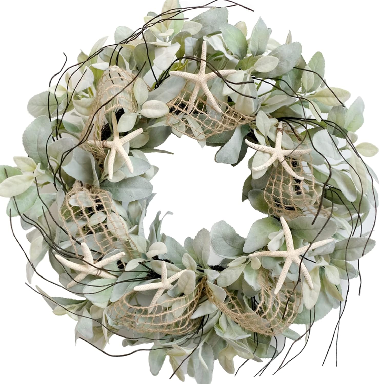 CIR OAOSES 18 Inch Green Ear Lambs Leaves Starfish Wreaths for Front Door, Rustic and Farmhouse Spring Summer Greenery Wreath for Inside and Outside, Grapevine Year Round Wreath for Home Decor