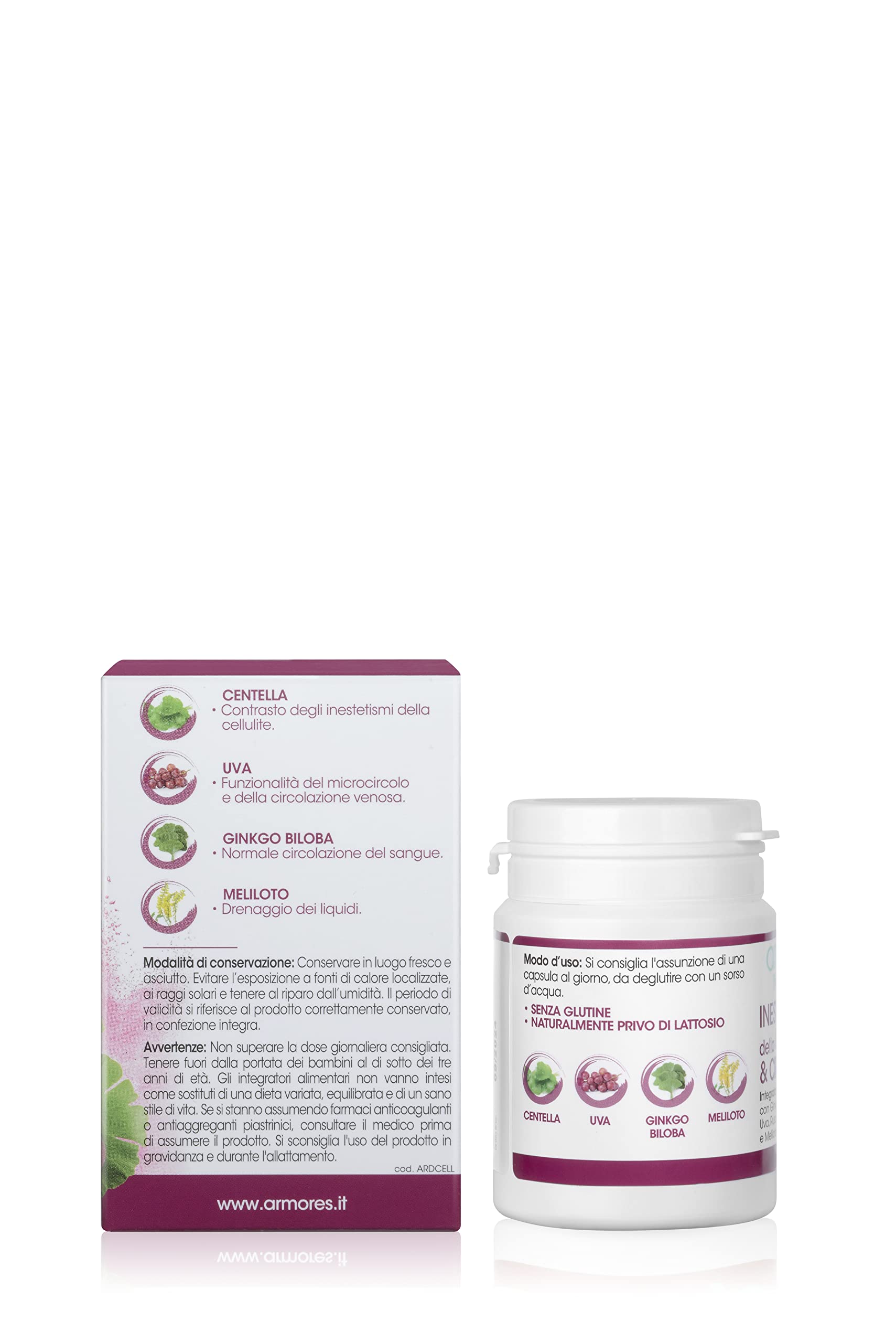 Armores Natura Integratori Alimentari, Inestetismi della Cellulite & Circolazione, Aiuta il Microcircolo, Anticellulite, a Base di Ginkgo Biloba, Uva e Centella, Vegano, Astuccio 30 Capsule