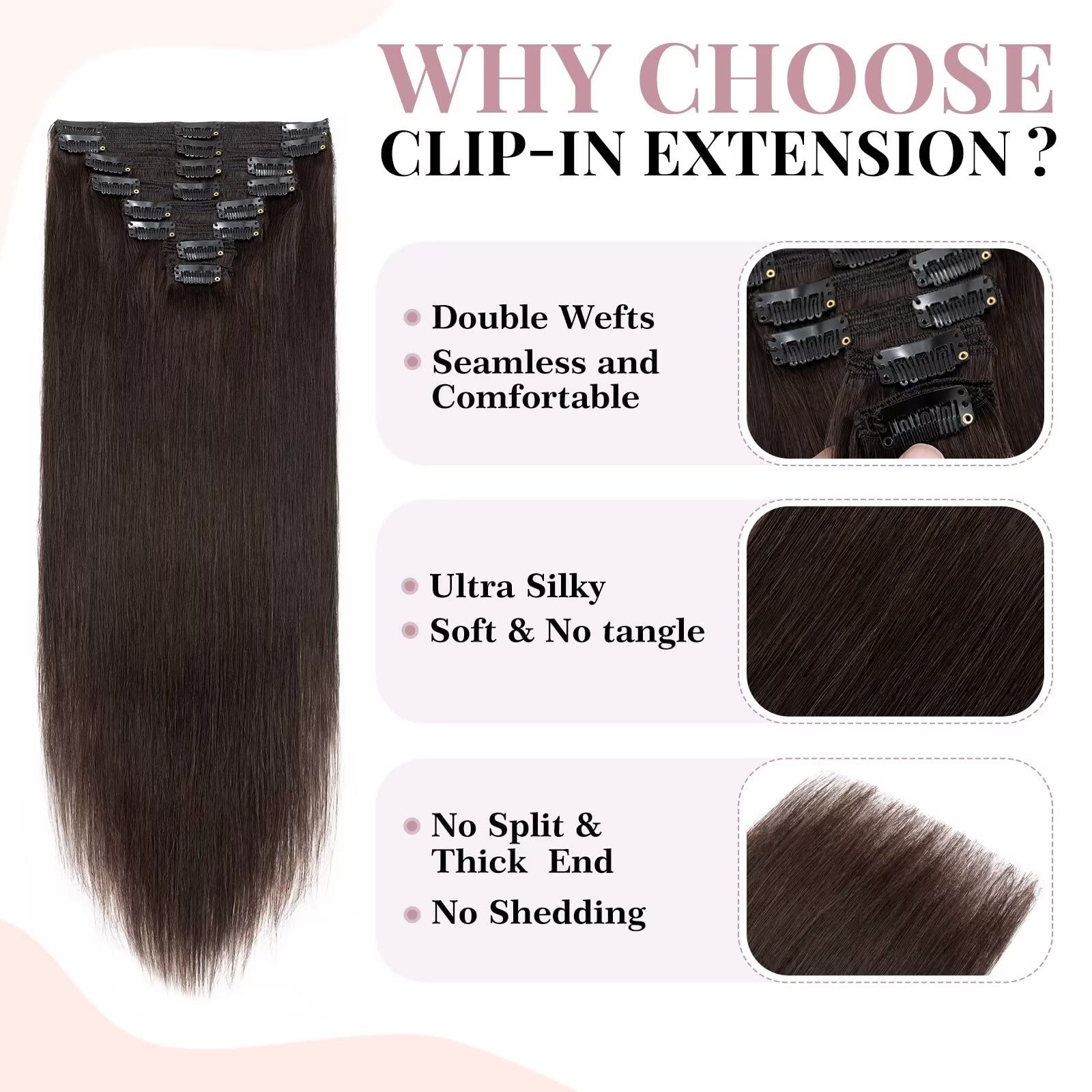 TESS Clip in Extensions Echthaar Braun 55 cm, Remy Hair 8 Tressen Hair Extensions Clip in Glatt 160g Extensions Clip in Lang Haarverlängerung Doppelt Tressen (55 cm-#02-Braun)