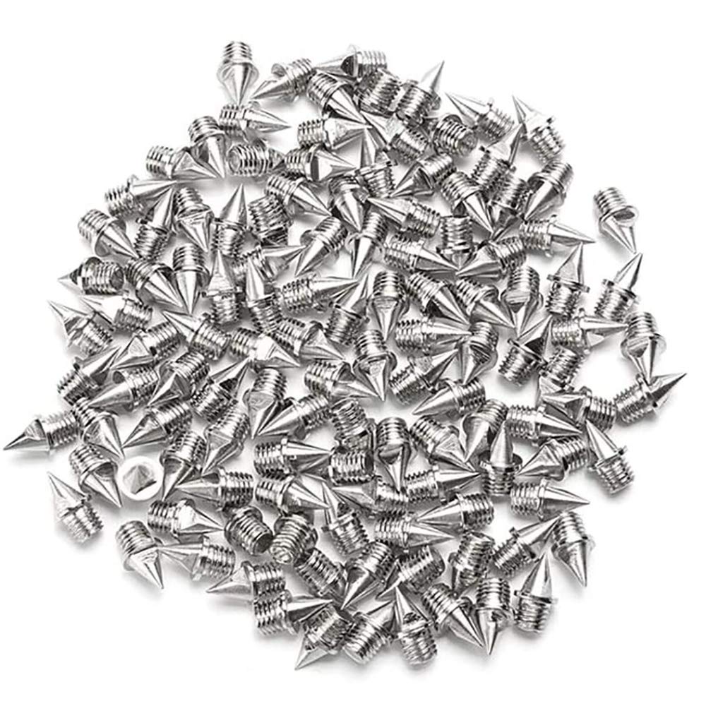 POFET 50 puntas de acero inoxidable con llave de espiga, 0,25 pulgadas de longitud pista y espigas de fondo para zapatos de repuesto para deportes Sprint, color plateado