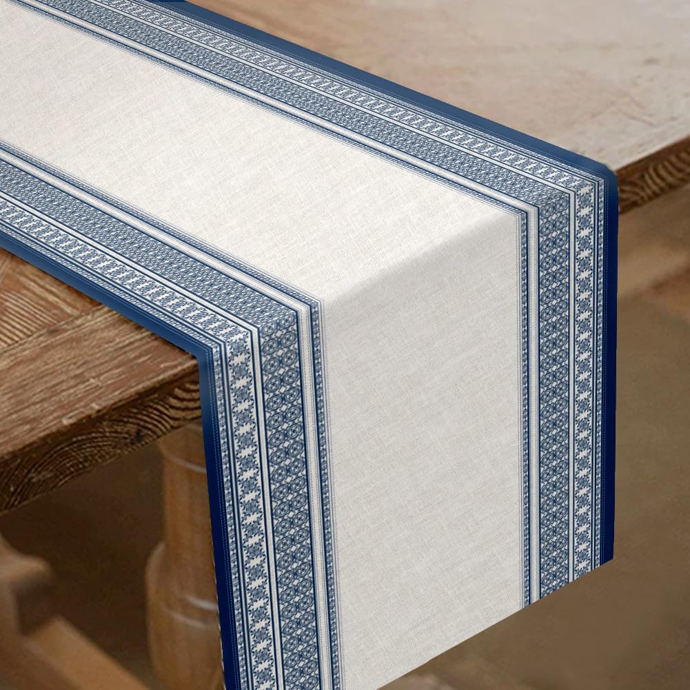 SUPERDANT Navy Blue Vintage Border Linen Texture Table Runner 33x183cm