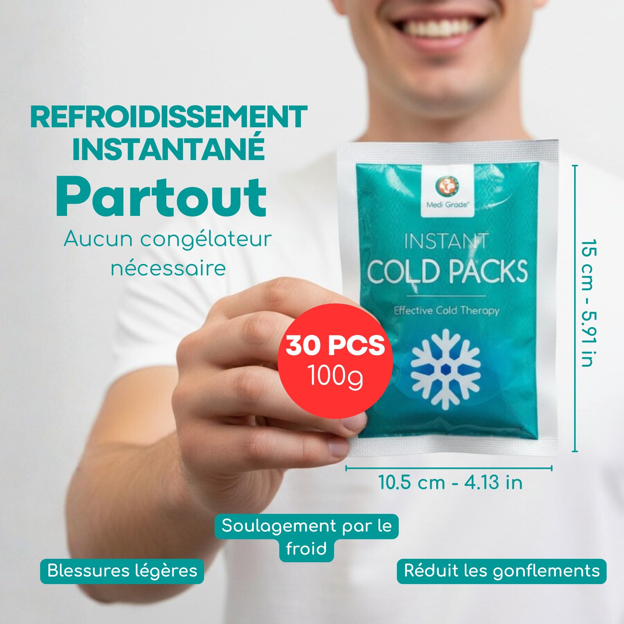 Medi Grade Poche de Glace, 30 Packs de Glace de 100 g (11,43 x 15,24 cm) – Compresse Froide Instantanée – Poche de Froid Pour la Cheville et le Genou avec Bande de Fixation, Pas Besoin de Congélateur