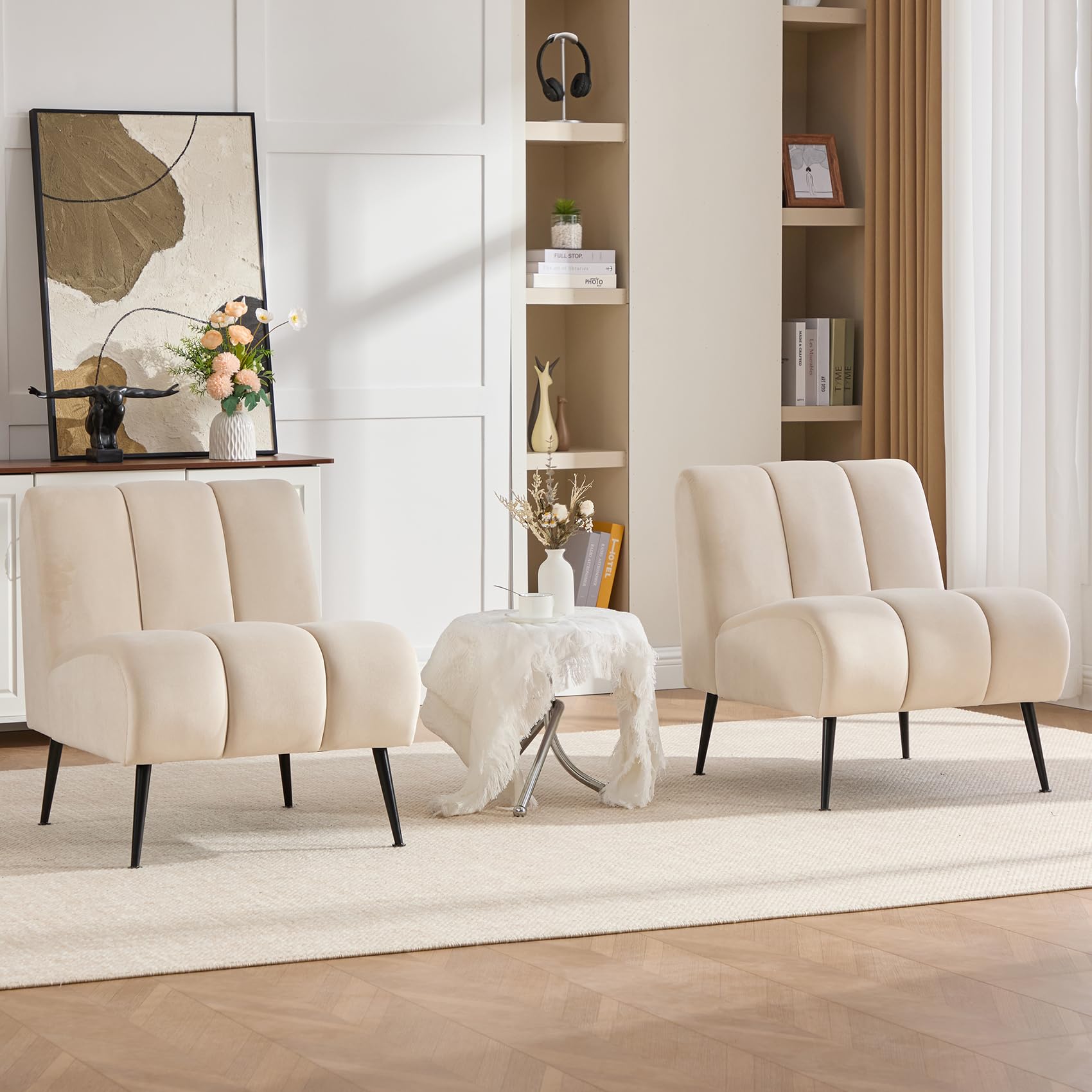 Armless Accent Velvet Chairs Set of 2, Single Sofa Chair Mini Cute Side Sofa with Upholstered Cushion for Small Space, Apartment, Bedroom, Living Room, Beige.