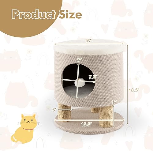 Miniatura 4 de Tangkula Taburete de condominio para gatos de interior, otomana de casa de mascotas y cama para gatitos con postes rascadores y juguete de bola de