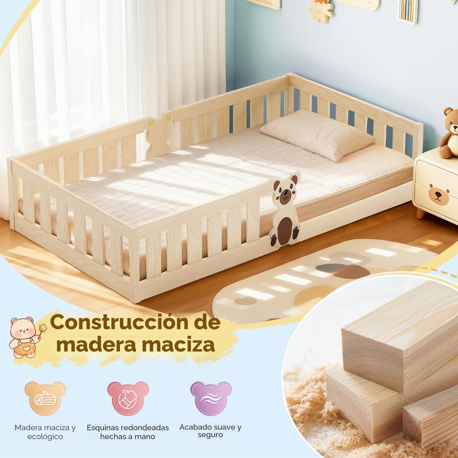 Cama para niños de 205 x 95 cm, madera maciza (pino), moderno marco de cama infantil y juvenil