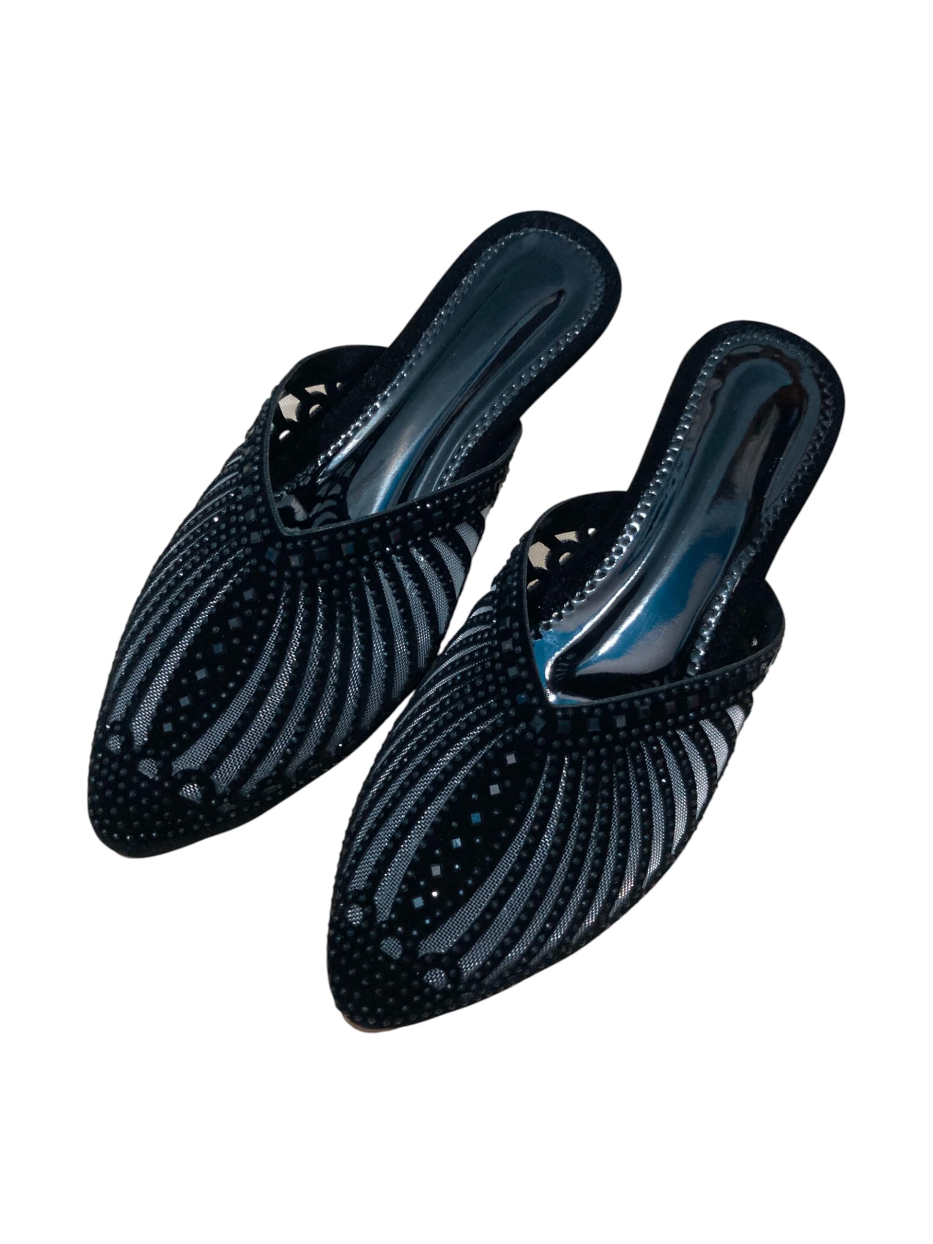 Women's Traditional Pointed Toe Mules, Black Mesh Pattern Jutti Mojari Slip-On Flats with Cutout Design, Casual Ethnic Footwear-image-14