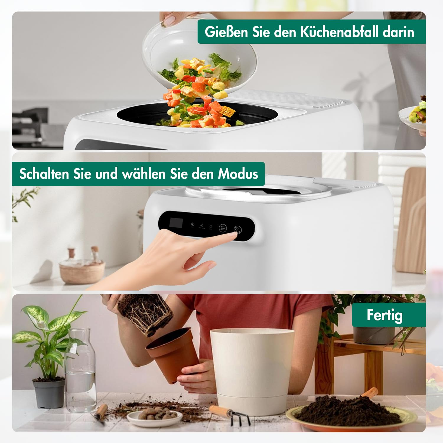 Elektrischer Komposter für Küche, 3L Arbeitsplatte Kompost Bin mit Big Carbon Filter und visuelle Fenster, verwandelt Lebensmittelabfall in Dünger, Geruchlos| Auto-Reinigung| Timing-Funktion
