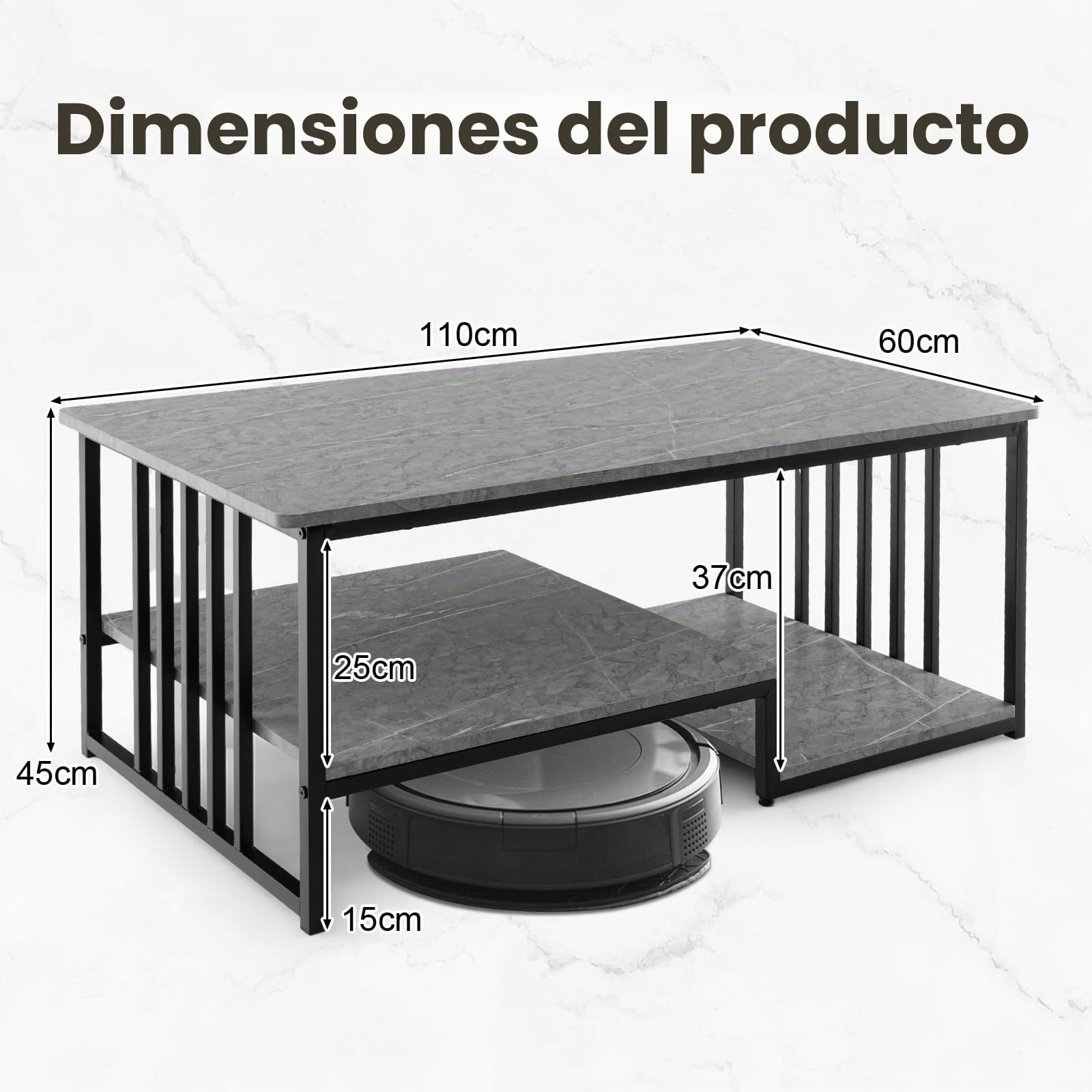 LIFEZEAL Mesa Centro de Salón, con Efecto Mármol, Mesa Baja de Sofá, Madera+Metal, Moderna, Estante Abierto, 110 x 60 x 45 cm