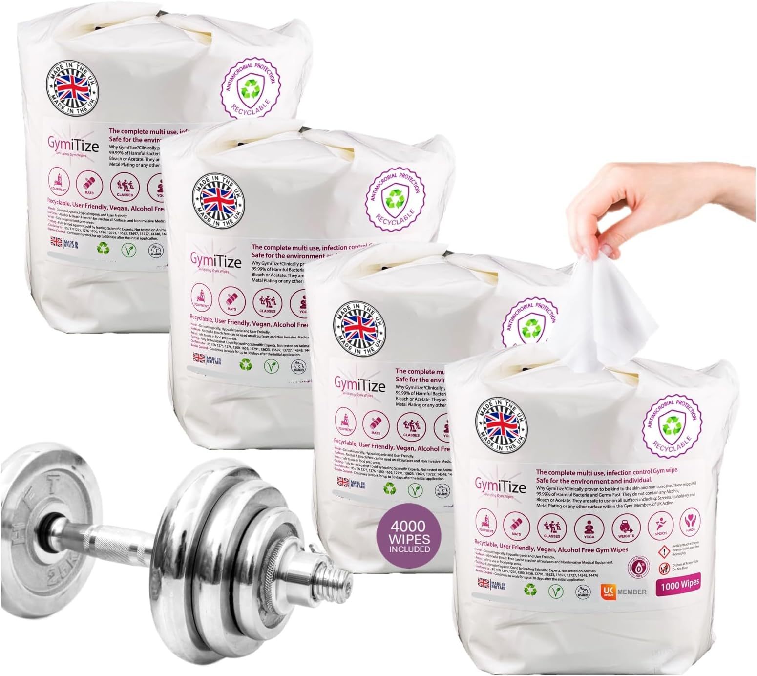 Gymitize Gym Wipes, Alcohol Free, Antibacterial, Antiviral, Non-Toxic, Recycl...